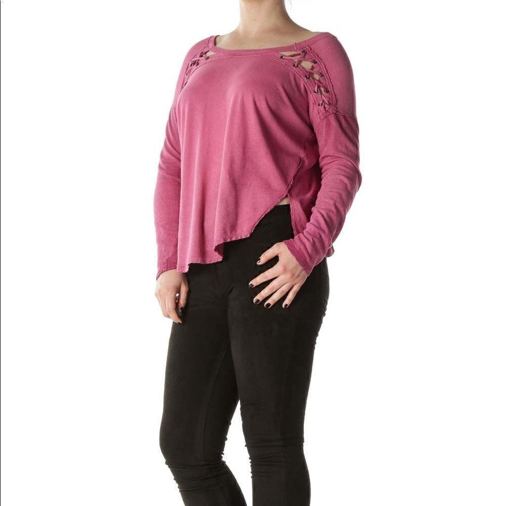 Free People We the Free Faded Pink Raw Trim with Criss Cross Shoulders Top